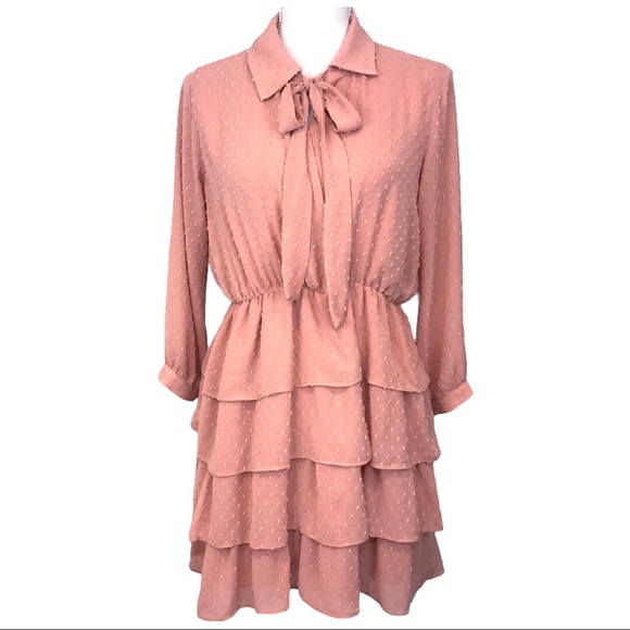 Zara Belted Dotted Mesh Tiered Dress Peach Pink S - Picture 5 of 15